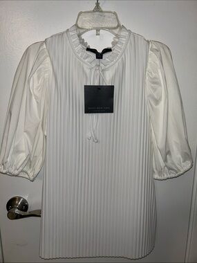 Marc New York White Pleated Ruffle-Neck Puff Sleeve Top